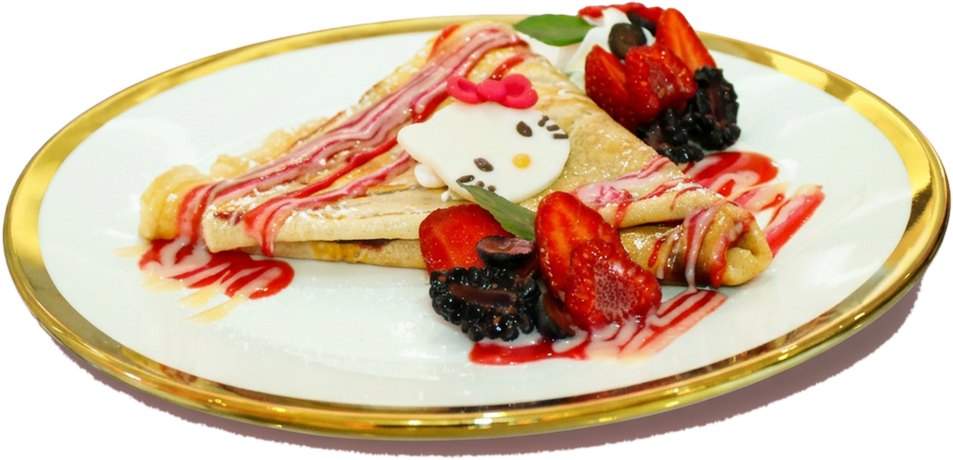 Crepa de frutos rojos con decoración kawaii servida en plato con filo dorado en Kiutty Crep's